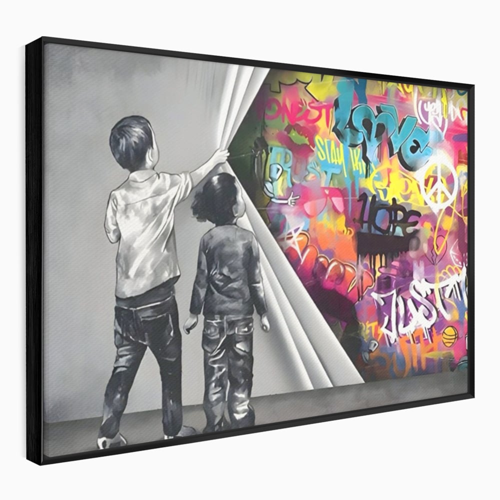 Tablou canvas cu tablou canvas cu copii si perete grafitti, in rama de aluminiu negru